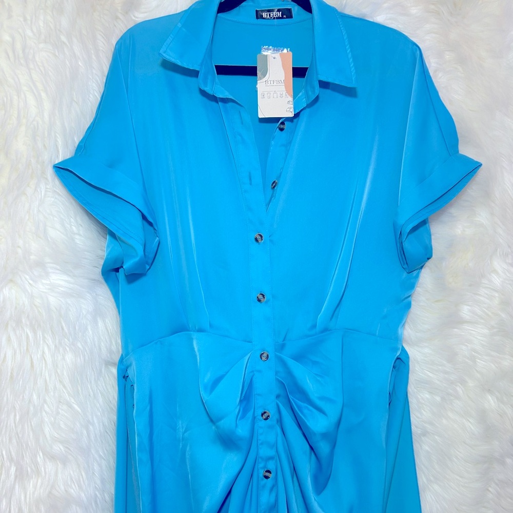 Elegant Satin Ruched Shirt Dress - Picture 6 of 12